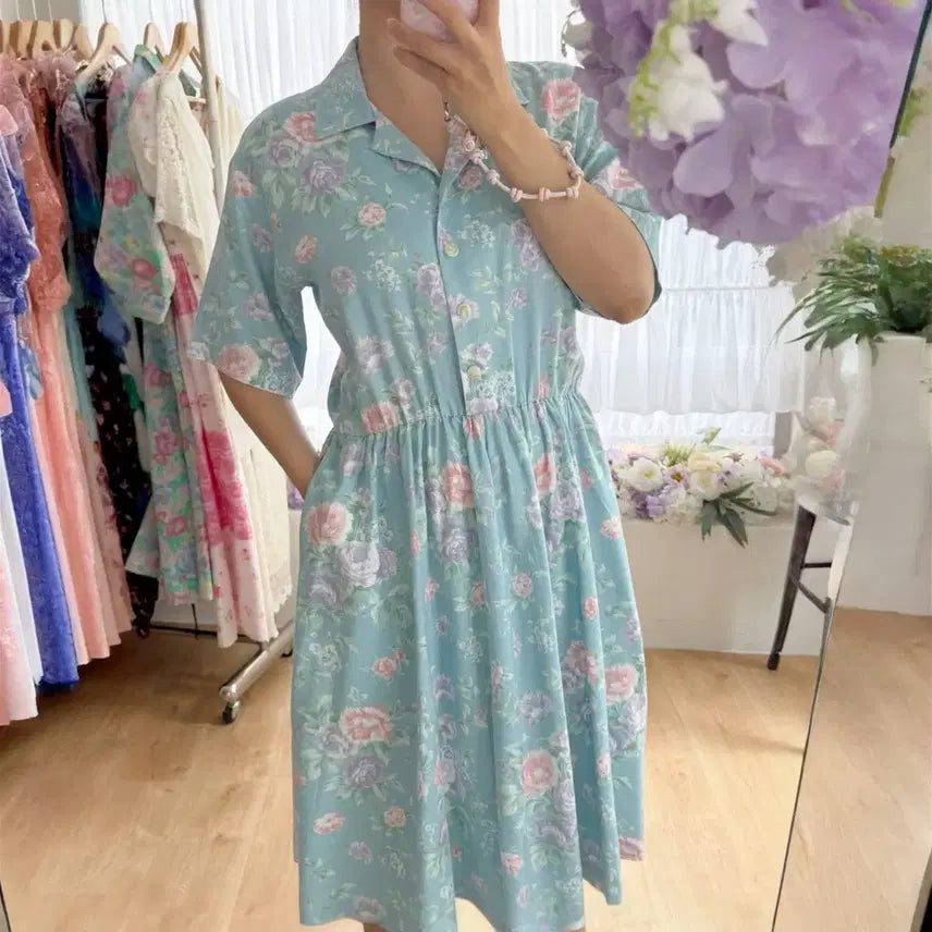 [BUNJANG] Vintage Sky Blue Floral Shirt Dress / 미국 빈티지 스카이블루 플로럴 셔츠 원피스