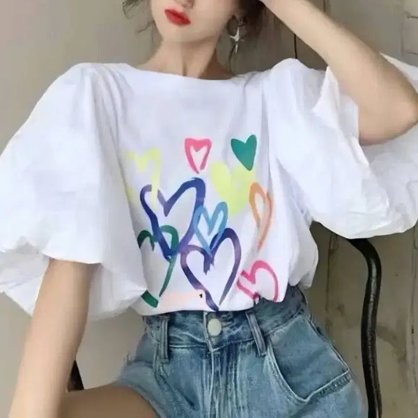 [BUNJANG] Plus Size Puff Sleeve Heart Print Short Sleeve T-Shirt / (새상품) 빅사이즈 소매 퍼프 하트 반팔 티셔츠