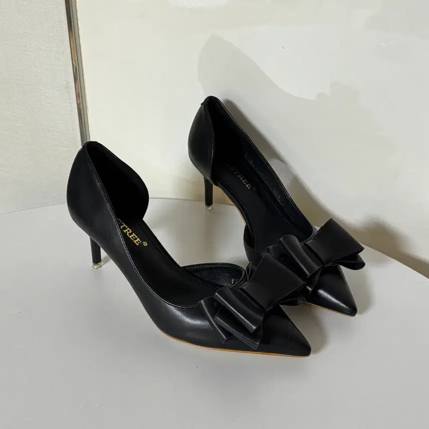 [BUNJANG] Black Side-Open Ribbon Pumps Shoes (7cm Heel, Size 235) / @새상품 235사이즈 7cm 블랙 사이드오픈 리본 펌프스 구두