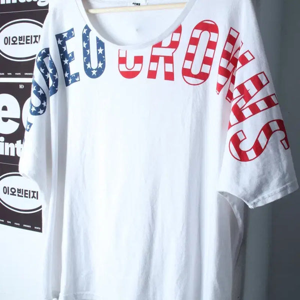 [BUNJANG] Rodeo Crowns Lettering Overfit American Flag T-Shirt / W(F) 로데오 크라운스 반팔 티셔츠 레터링 오버핏 성조기-H36049