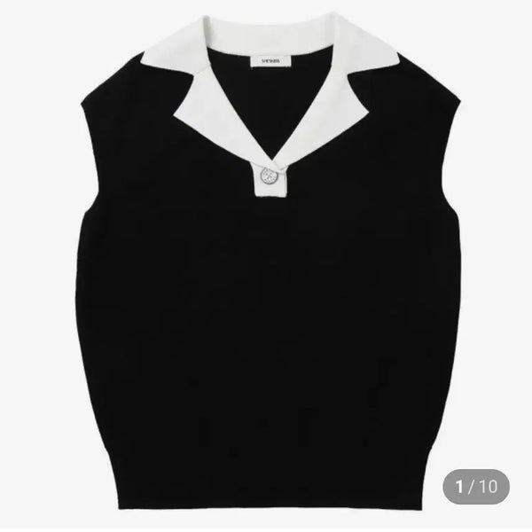 [BUNJANG] She's Miss Color-Blocked Open Collar Sleeveless Knit Top (New with Tags) / 쉬즈미스 배색 오픈 카라 슬리브리스 니트 탑 택채새옷