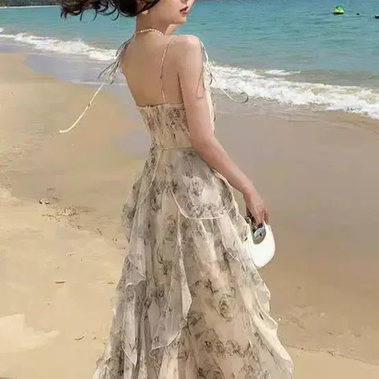 [BUNJANG] Floral Print Backless Ruffle Maxi Dress / (새상품) 끈나시 백리스 수채화 프릴 롱 원피스 바닷가룩 휴양지룩