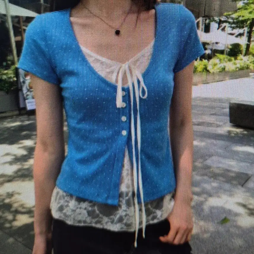 [BUNJANG] Lace Point Blue Dot Sleeveless Cardigan Set / (해외배송)레이스 포인트 블루 도트 끈 나시 가디건