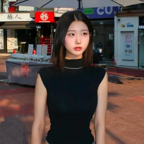 [BUNJANG] Turtle Neck Sleeveless T-Shirt / 반목폴라 나시 반팔티셔츠