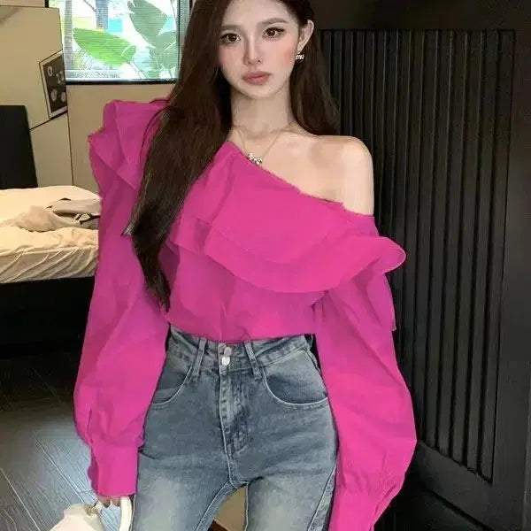 [BUNJANG] Off-Shoulder Frill Loose Fit Hot Pink Blouse / (새상품) 오프숄더 프릴 루즈핏 핫핑크 블라우스