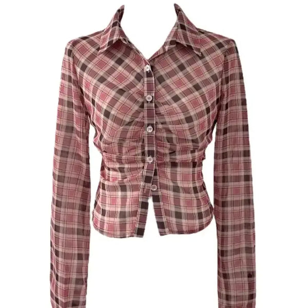 [BUNJANG] Check Pattern Cropped Blouse / 긱시크룩 너드 크롭 체크 셔츠 블라우스
