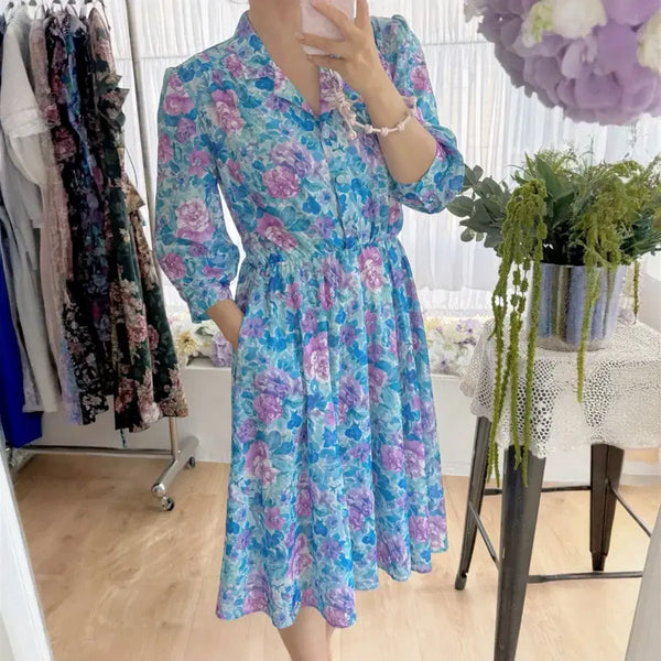 [BUNJANG] USA Vintage Blue Floral Dress / 미국 빈티지 블루 플로럴 원피스