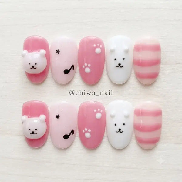 [BUNJANG] Custom "Melody Bear" Striped Handmade Nail Tips / 주문제작 농담곰 음표 스트라이프 수제 네일팁