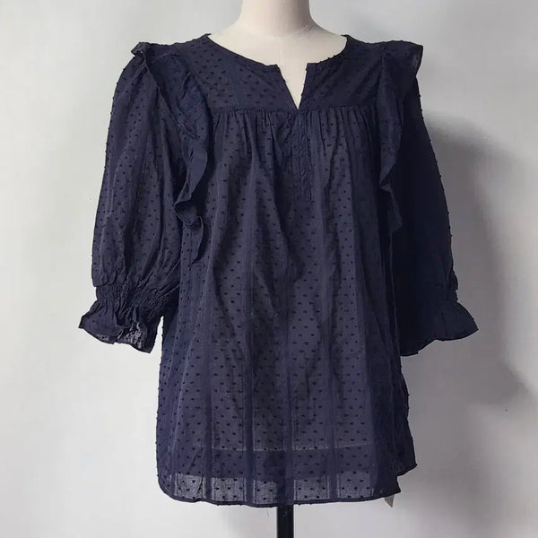 [BUNJANG] Raffauf Navy Dot Frill Shirring Blouse 55 / [새상품] 라포프 네이비 도트 프릴 셔링 블라우스 55