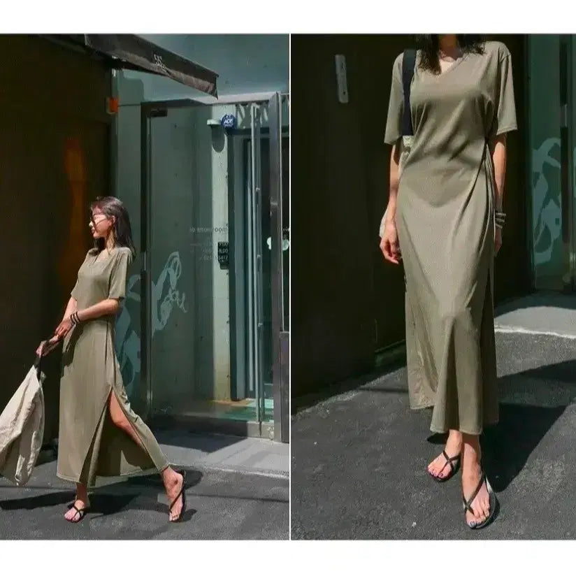 [BUNJANG] Button Long Short-Sleeve Dress Bundle Set (Black/Gray/Khaki) / # (일괄) (블랙/그레이/카키) 버튼 롱 반팔 원피스