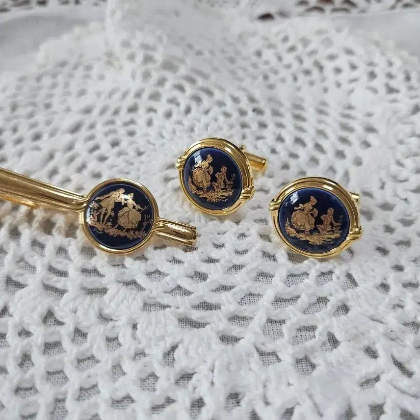 [BUNJANG] Antique Gold Tone Tie Pin and Cufflink Set / 앤틱리모지금장 넥타이핀 커프스 링크 세트