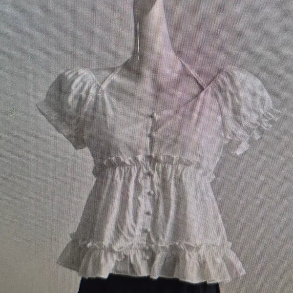 [BUNJANG] Women's Ruffle Blouse White Puff Halter Shirt / (해외배송)여성 프릴 블라우스 화이트 퍼브 홀터 셔츠