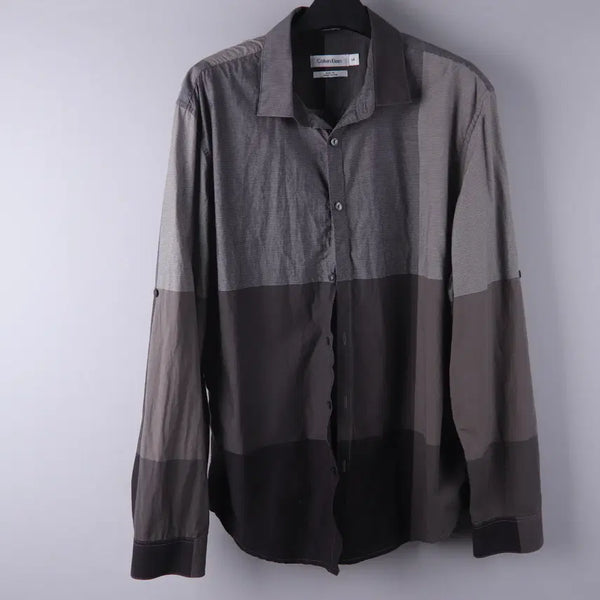 [BUNJANG] Calvin Klein Colorblock Pattern Long Sleeve Shirt Charcoal (L) / 캘빈클라인 컬러블록 패턴 긴팔 셔츠 차콜 (L)