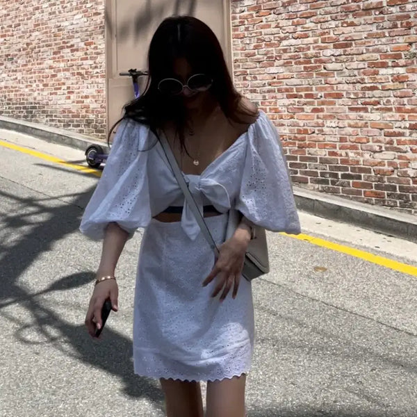 [BUNJANG] WANDERING Eyelet Puff Sleeve Off-Shoulder Mini Dress White / WANDERING 아일렛 원피스 화이트