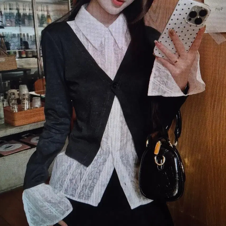 [BUNJANG] Black Lace Sleeve Shirt Cardigan / (해외배송)레이스 소매 셔츠 검정 가디건