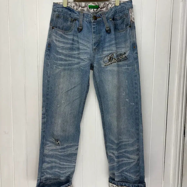 [BUNJANG] Banana Seven Paisley Roll-Up Vintage Denim Pants / 일본 바나나세븐 페이즐리 롤업 빈티지 데님 남성 32-33인치 ㅡ0805