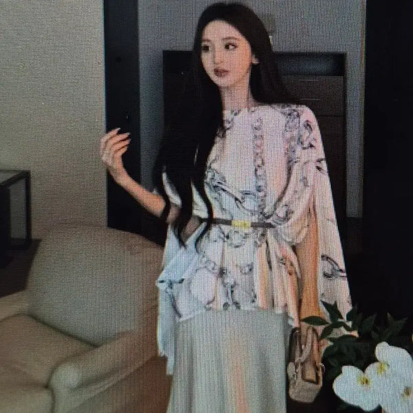 [BUNJANG] Patterned Satin Blouse and Long Dress Set / (해외배송)패턴 새틴 블라우스 롱 끈 원피스 세트