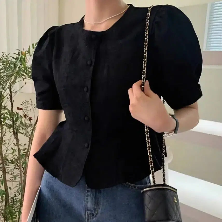[BUNJANG] Black Puff Sleeve Peplum Blouse / (새상품) 블랙 퍼프 오피스룩 단정한 블라우스
