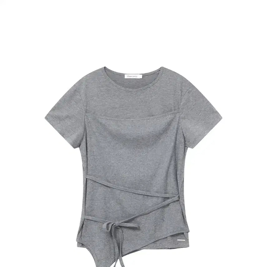 [BUNJANG] Miseki Seoul Half Sleeve String Layered Knit Top Gray / 미세키서울 반팔 스트링 레이어드 니트 탑 그레이
