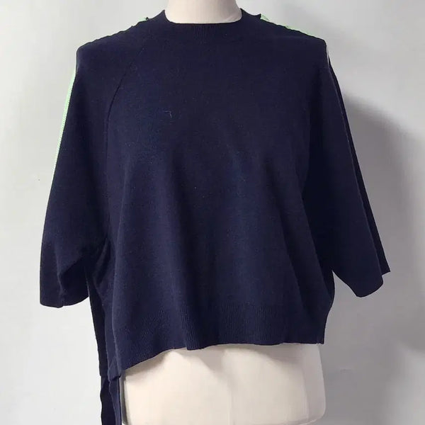 [BUNJANG] Jucy Judy Colorblock Ribbon Knit Top Navy / 쥬시쥬디 배색 라인 리본 포인트 니트 탑 네이비 55~66