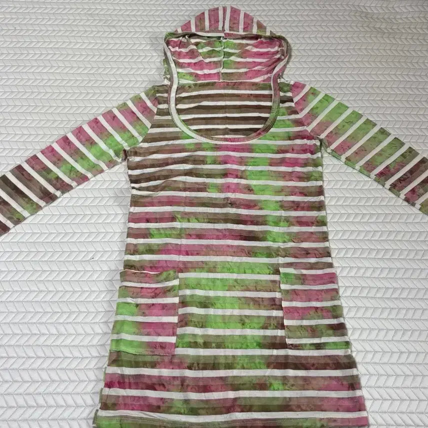 [BUNJANG] Striped Hoodie T-Shirt Pink Green / 후드 티셔츠 스트라이프 핑크 그린 새상품