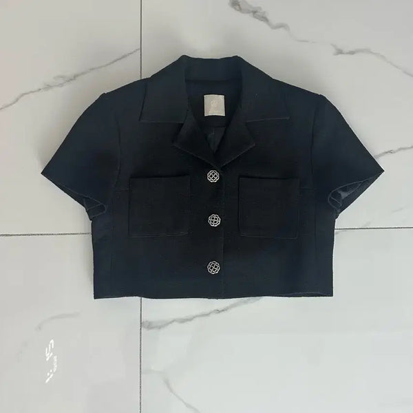[BUNJANG] Black Short-Sleeve Tweed Cropped Jacket / 여성 여름반팔 트위드자켓 블랙