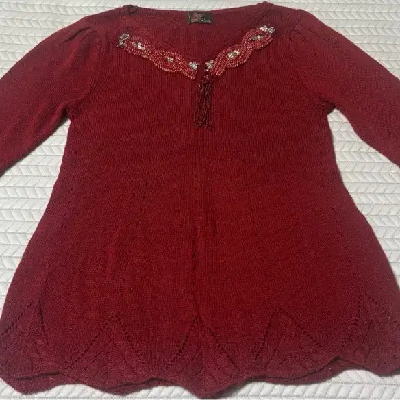 [BUNJANG] Red Beaded Knit Blouse / 레드 비즈 니트 새상품