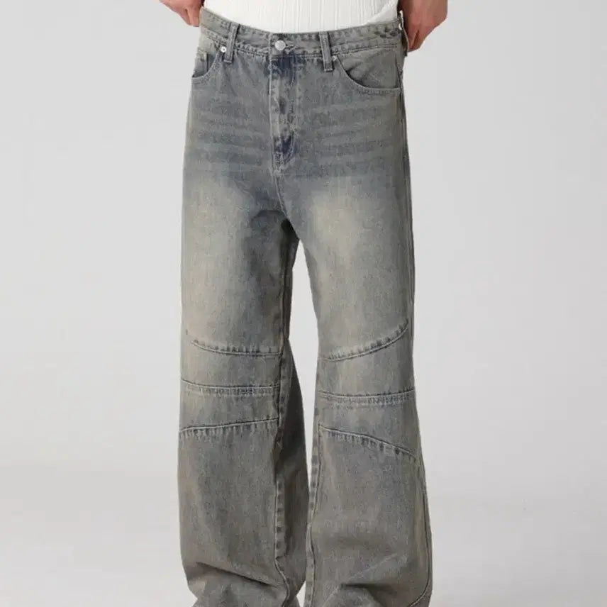 [BUNJANG] Cut-out Biker Wide Denim Pants / 1회착) 절개 바이커 와이드 데님팬츠