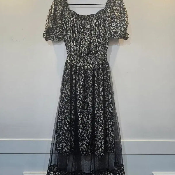 [BUNJANG] Floral Puff Sleeve See-through Long Dress / 플로럴 퍼프 소매 시스루 롱 원피스