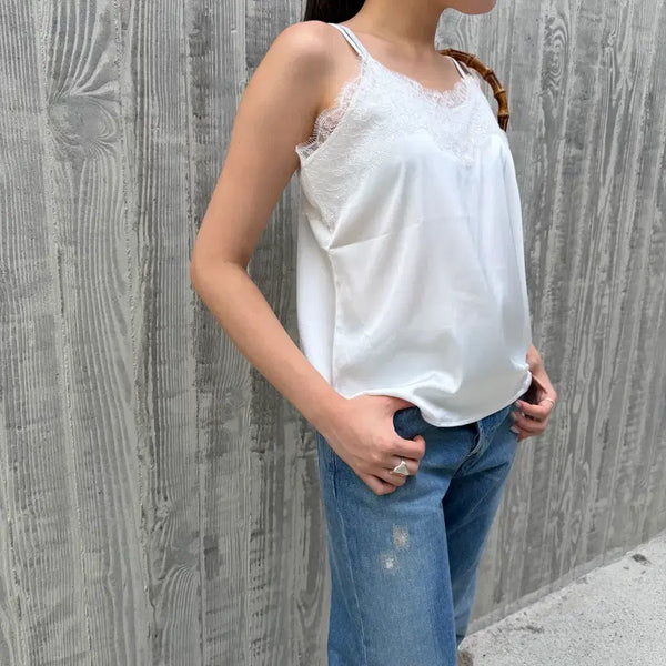 [BUNJANG] Lace Satin Strap Top (New) OS White / 레이스 새틴 스트랩 탑 (새상품) OS / 화이트