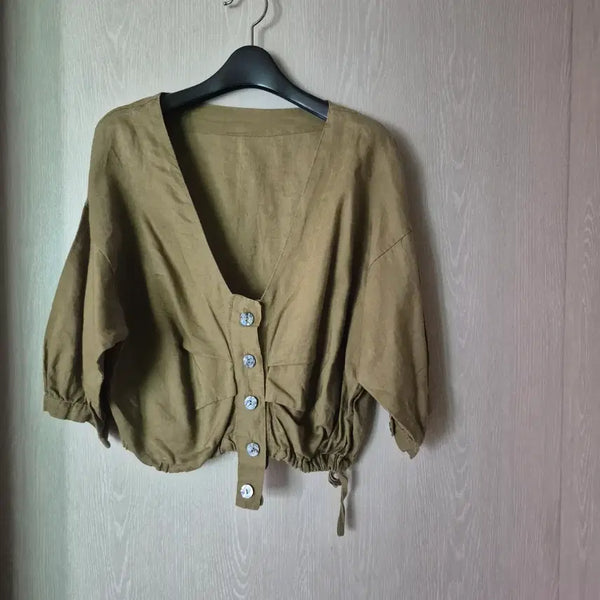 [BUNJANG] Khaki Linen V-Neck Puff Sleeve Button Blouse / 카키색 린넨 브이넥 퍼프소매 버튼 블라우스