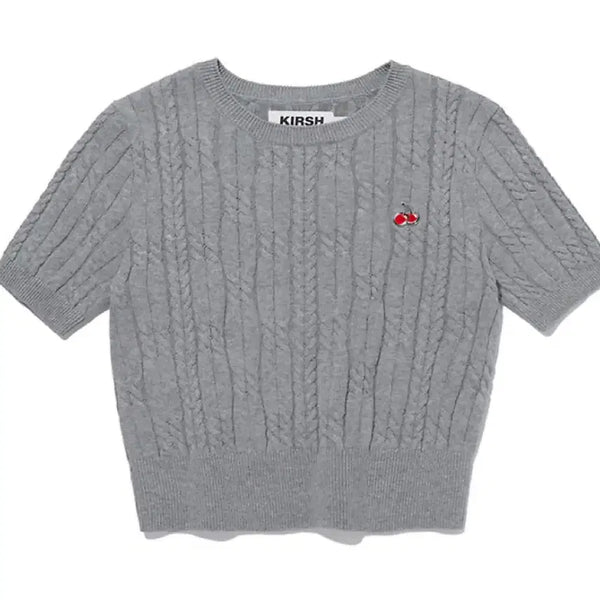 [BUNJANG] Kirsh Small Cherry Cable Crop Short Sleeve Knit Melange Grey Size 2 / 키르시 스몰 체리 케이블 크롭 숏 슬리브 니트 / 멜란지그레이 사이즈2