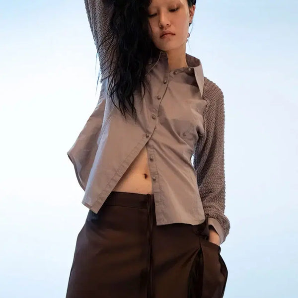 [BUNJANG] GMMY Net Sleeve Shirt Brown / 김미더영 네트 슬리브 셔츠 브라운