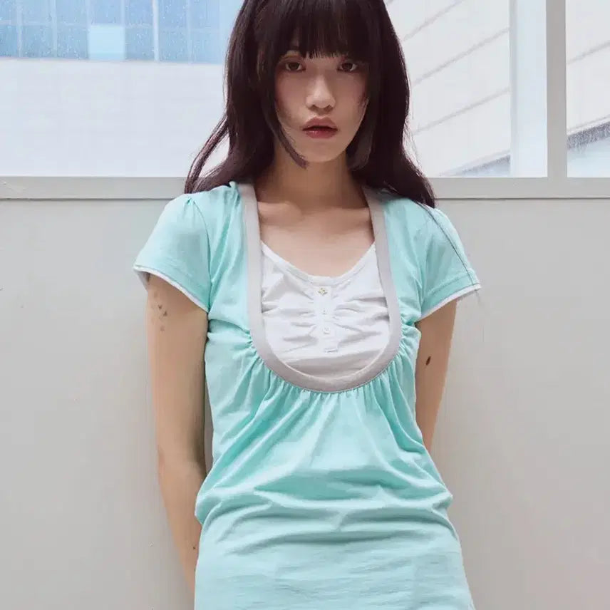 [BUNJANG] Ophish Shirring U-Neck Short Sleeve T-Shirt / Shirring U neck T-shirts, Mint 오피쉬 셔링 유넥 반팔티