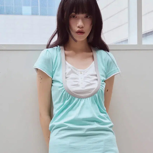 [BUNJANG] Ophish Shirring U-Neck Short Sleeve T-Shirt / Shirring U neck T-shirts, Mint 오피쉬 셔링 유넥 반팔티