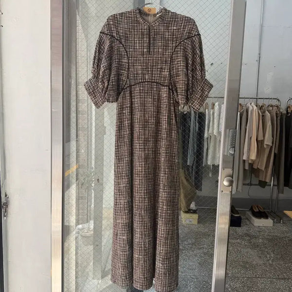 [BUNJANG] CLANE Check Puff Sleeve Long Dress / CLANE 체크 퍼프 슬리브 롱 원피스