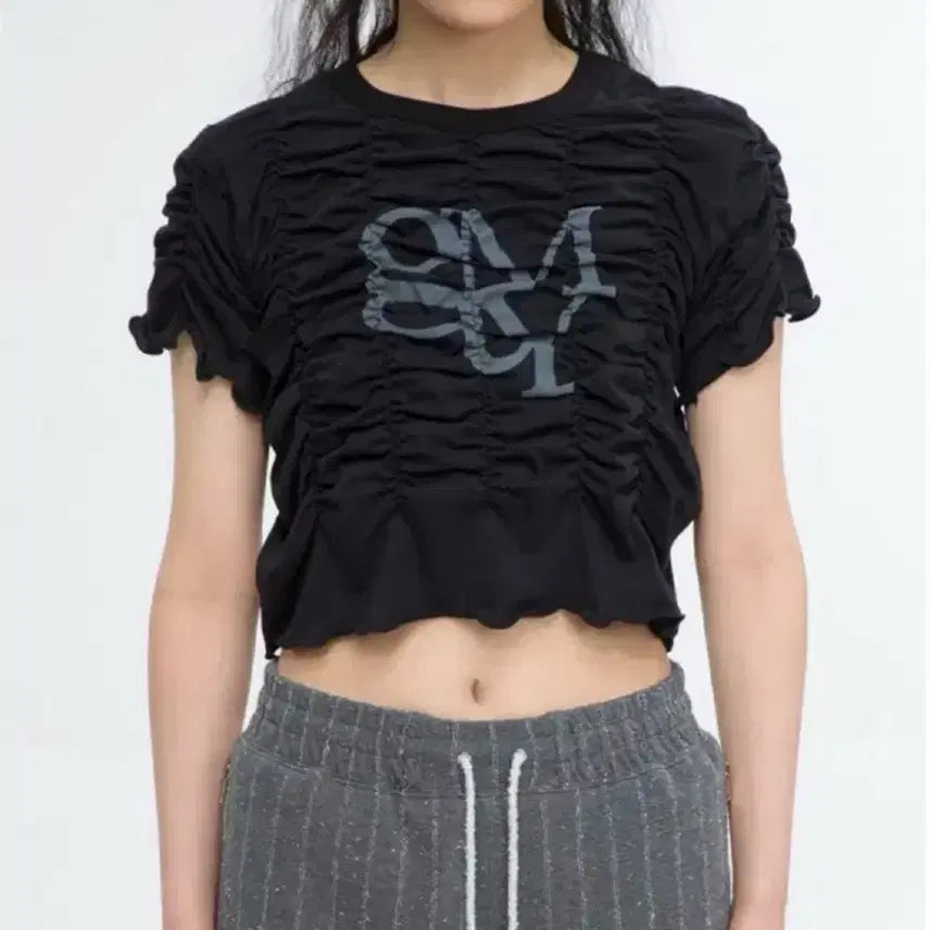 [BUNJANG] GIMMETHEYOUNG Shirring Graphic Short Sleeve T-Shirt Khaki / 김미더영 셔링 반팔티
