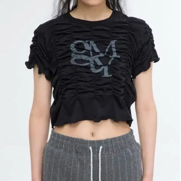 [BUNJANG] GIMMETHEYOUNG Shirring Graphic Short Sleeve T-Shirt Khaki / 김미더영 셔링 반팔티