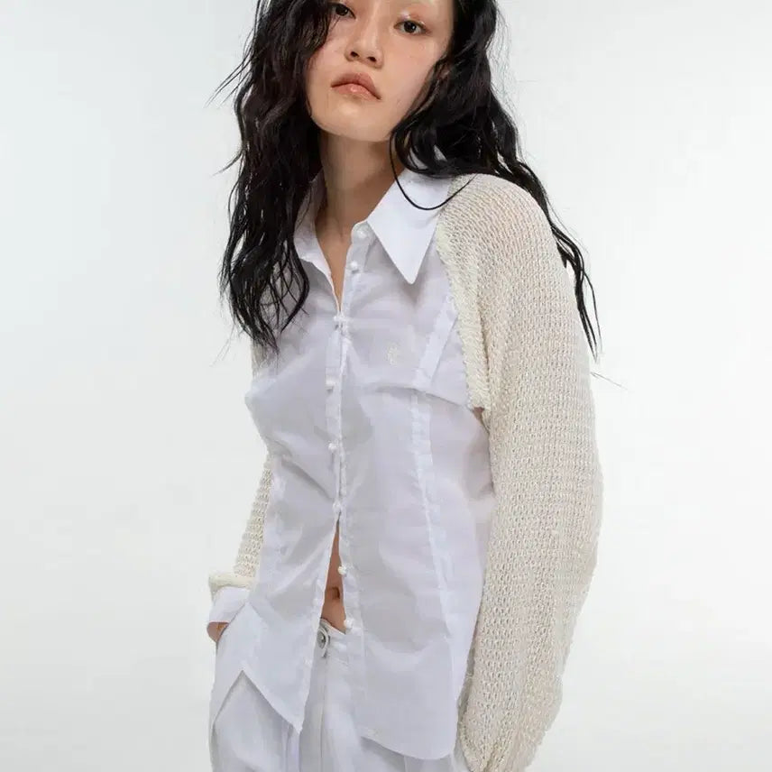 [BUNJANG] Kim Mi-deok Net Sleeve Shirt White / 김미더영 네트 슬리브 셔츠 화이트