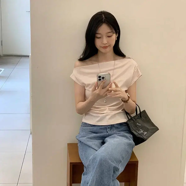 [BUNJANG] Mariround Ribbed Off-Shoulder Top Light Beige / 메리어라운드 골지 오프숄더 라이트베이지