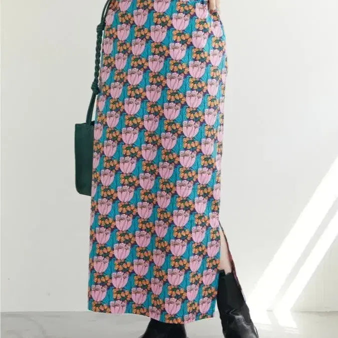 [BUNJANG] Printing Maxi Cotton Skirt / [새상품] 프린팅 맥시 코튼 스커트 / 뒷 밴딩 롱 치마 면 100%