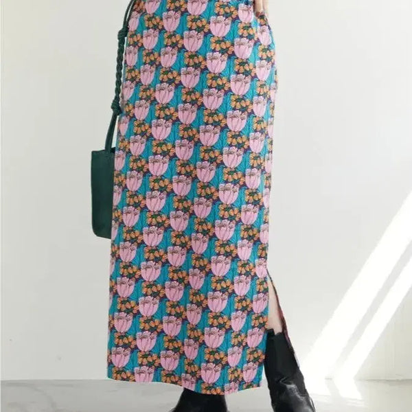 [BUNJANG] Printing Maxi Cotton Skirt / [새상품] 프린팅 맥시 코튼 스커트 / 뒷 밴딩 롱 치마 면 100%