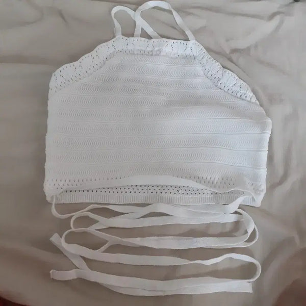 [BUNJANG] White Knit Halterneck Top with Waist Tie / 화이트 니트 허리 끈 포인트 홀터넥 탑