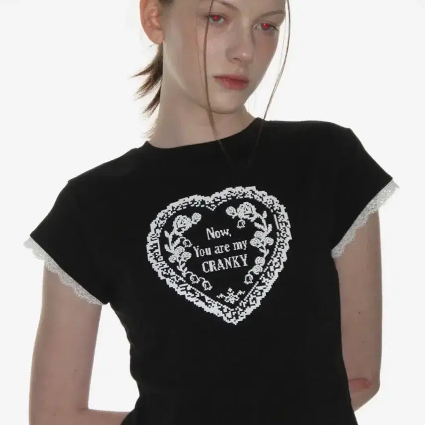 [BUNJANG] CRANK Lace Heart Printing Top Black / 크랭크 CRANK 레이스 하트 프린팅 탑 블랙