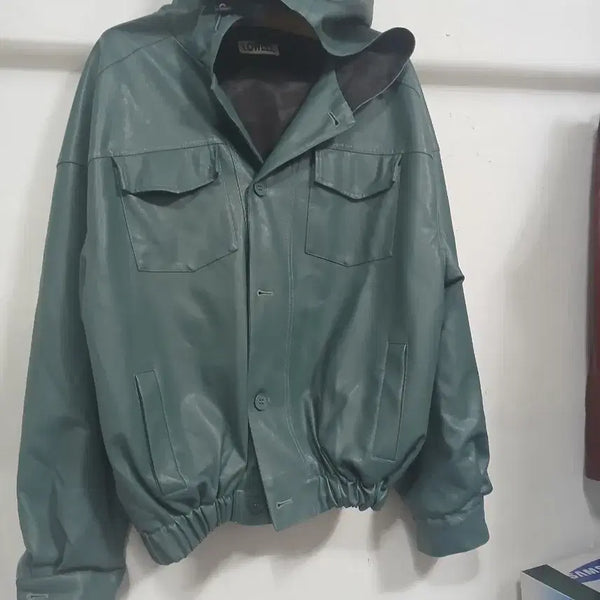 [BUNJANG] Lowell Hooded Leather Jacket Green / 로웰 후드 가죽 자켓 그린