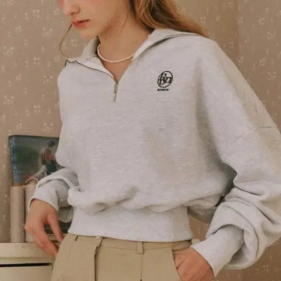 [BUNJANG] Ronron White Melange Half Zip-Up Sweatshirt / 론론 하프집업 화이트멜란지