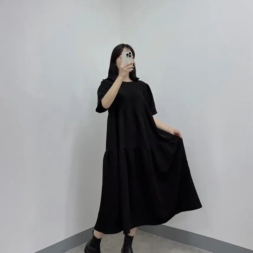 [BUNJANG] Black Frill Layered Puff Sleeve Long Dress (Plus Size/Maternity Friendly) / 새상품 반팔 프릴캉캉 퍼프 롱 원피스 빅사이즈 임부복 가능 55-77