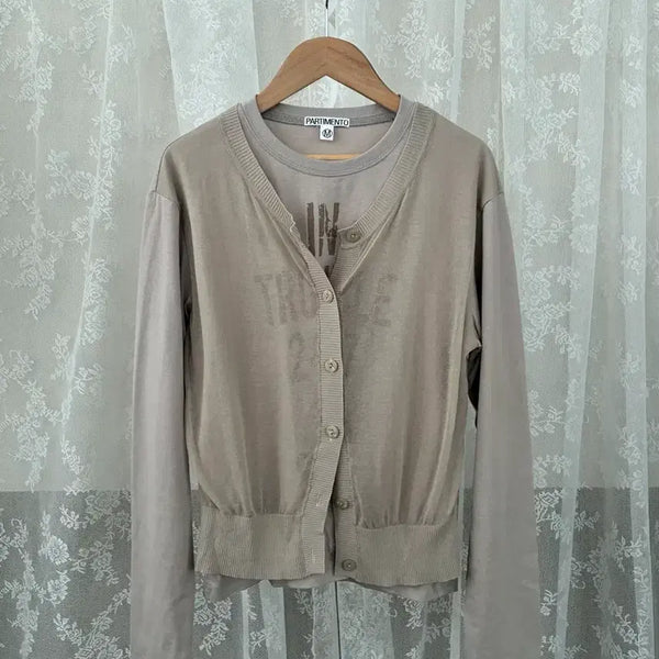 [BUNJANG] Partimento Women's Knit Cardigan Layered Long Sleeve Tee - Stone Grey / M) 파르티멘토 우먼 니트 가디건 레이어 롱슬리브 티 스톤 그레이