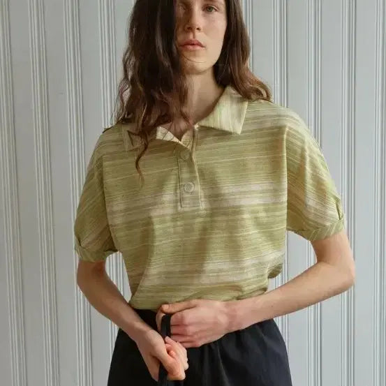 [BUNJANG] FORER Linen Stripe Collar Short Sleeve T-Shirt Green / 포저 린넨 스트라이프 카라 반팔 티셔츠 그린 여름 니트 반팔