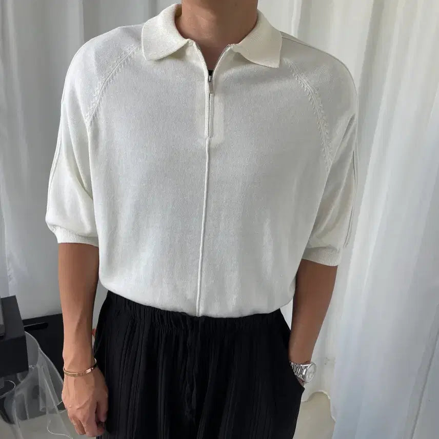 [BUNJANG] Men's White Half-Zip Short-Sleeve Knit / 남자 화이트 반집업 반팔 니트